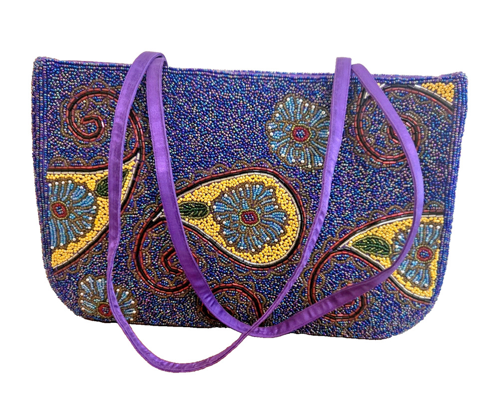 Studio Barse beaded handbag purse with a blue, yellow, black paisley design.